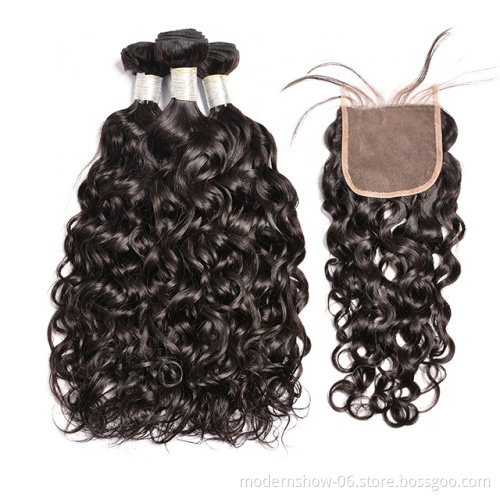Brazilian Raw Virgin Cuticles Aligned Water Wave Human Hair Bundles with Closure 100% Unprocessed High Quality Human Hair